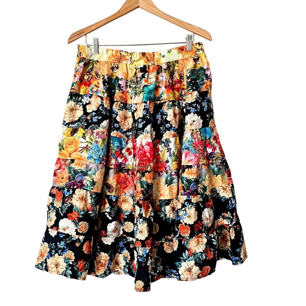 Calessa Black Floral Patchwork Tiered Boho Midi Broomstick Skirt, Size Plus XL